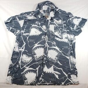 Duvin Design Company Shirt Mens XL Blue White Jaws Shark Print Button Up‎ Casual